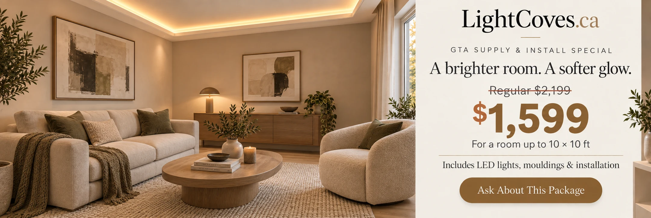 Warm, inviting room with concealed cove lighting around the ceiling